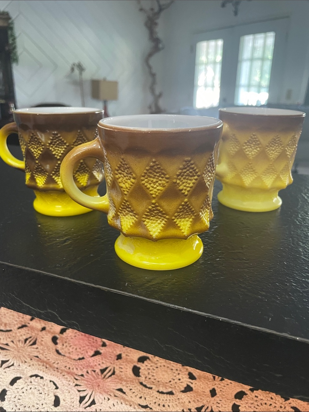 Fire King Kimberly Tan and Yellow Diamond Textured Ceramic Pedestal Mug-Set of 3
